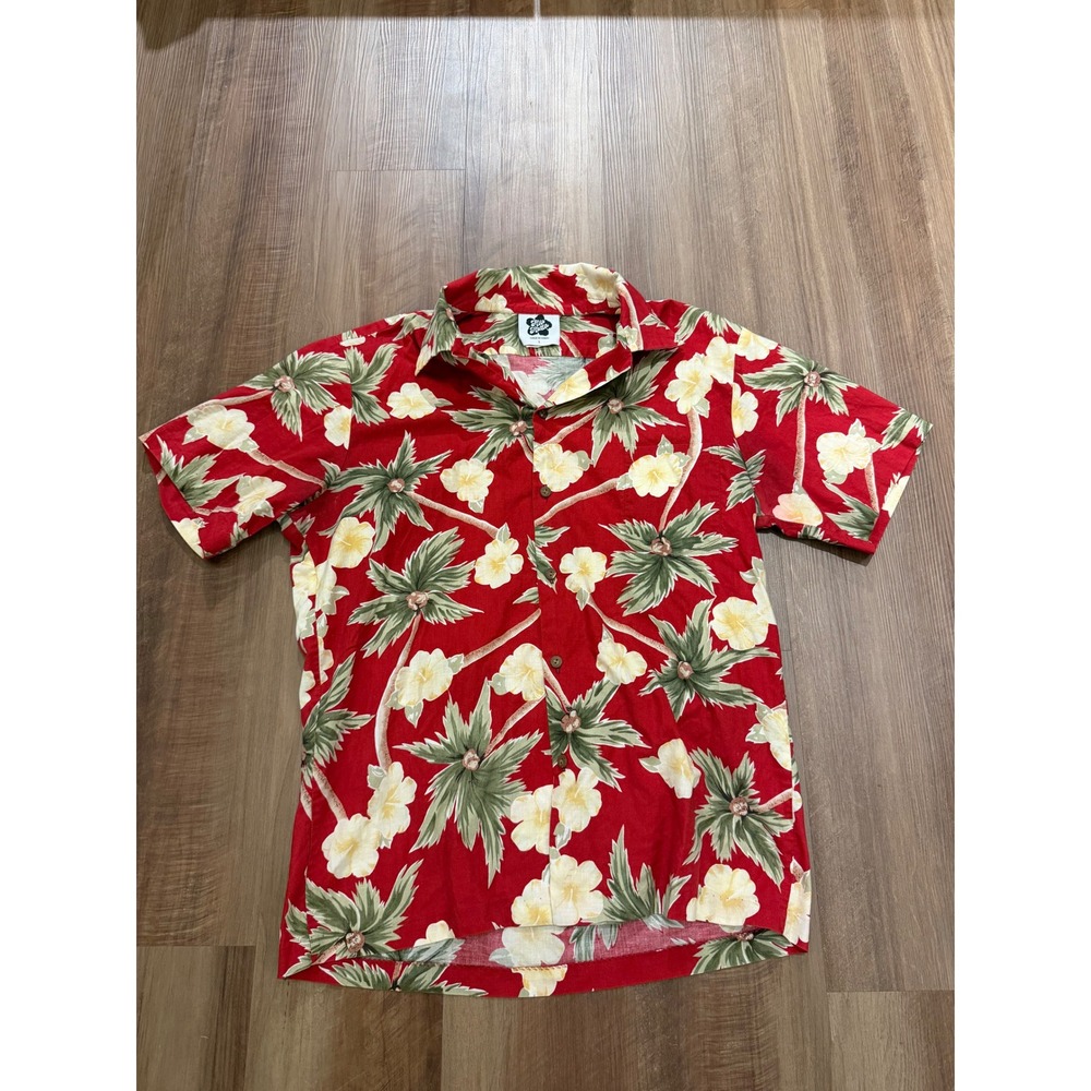 Hilo Hattie Hawaiian Shirt Mens Large Red Palm Tree Floral Cotton Button Down